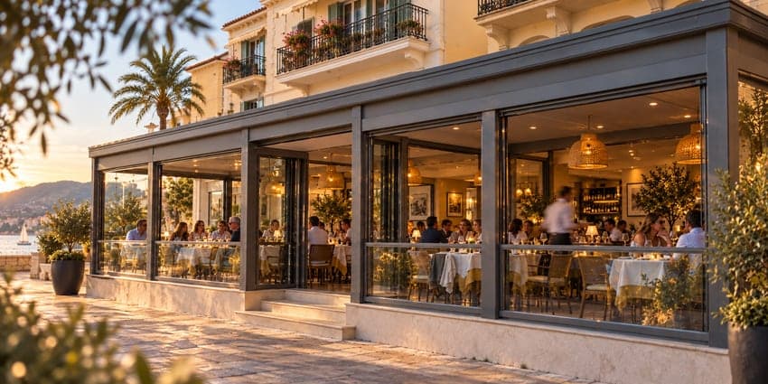 Façade vitrée de restaurant en bord de mer, ouverte sur la terrasse au coucher du soleil