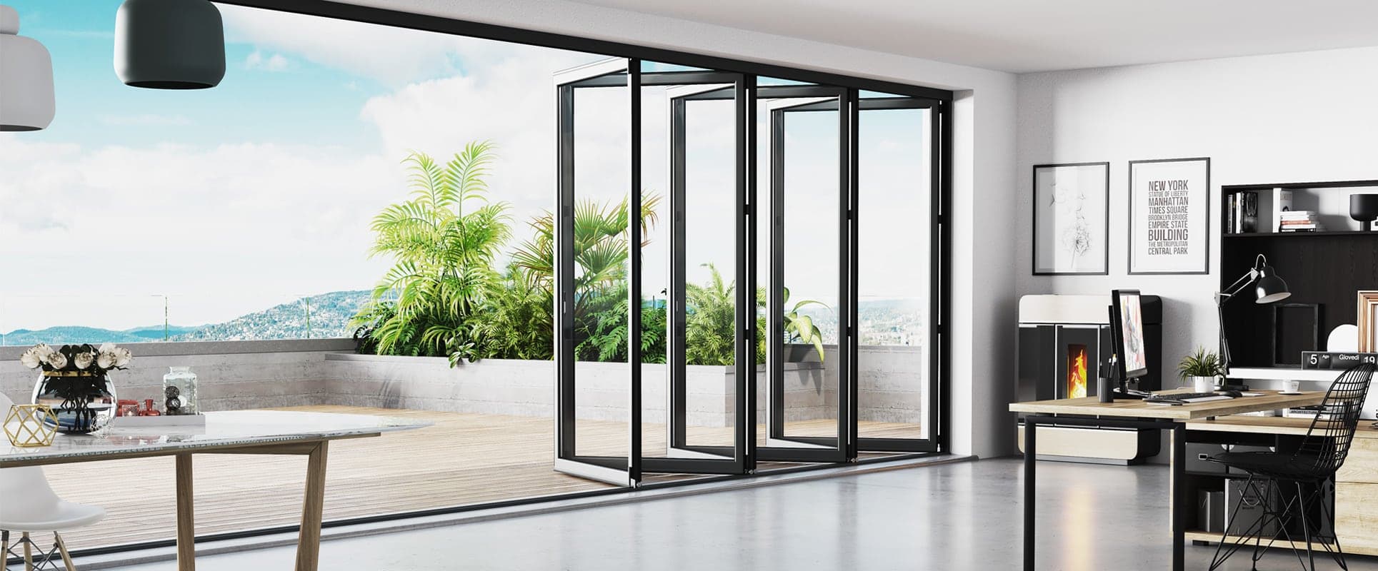 Façade vitrée repliée en accordéon, séjour ouvert de plain-pied sur une terrasse avec vue sur la baie