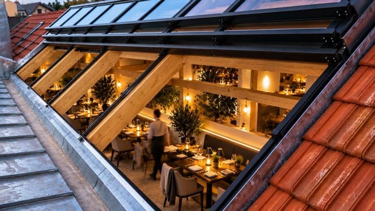 Grande verrière coulissante ouverte au-dessus d’une salle de restaurant éclairée, entre toits de zinc et de tuiles