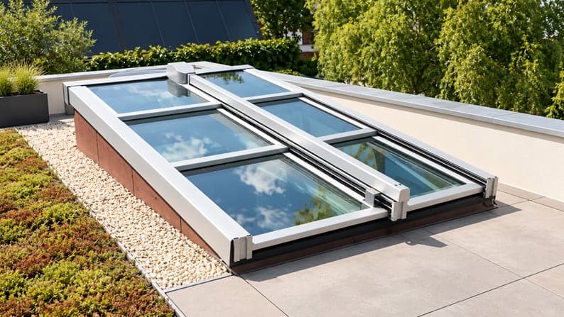 Accès vitré fermé sur un toit-terrasse végétalisé, verre reflétant le ciel
