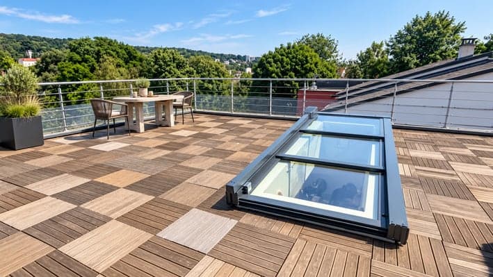 Accès vitré coulissant intégré à une terrasse en bois en damier, sur les toits