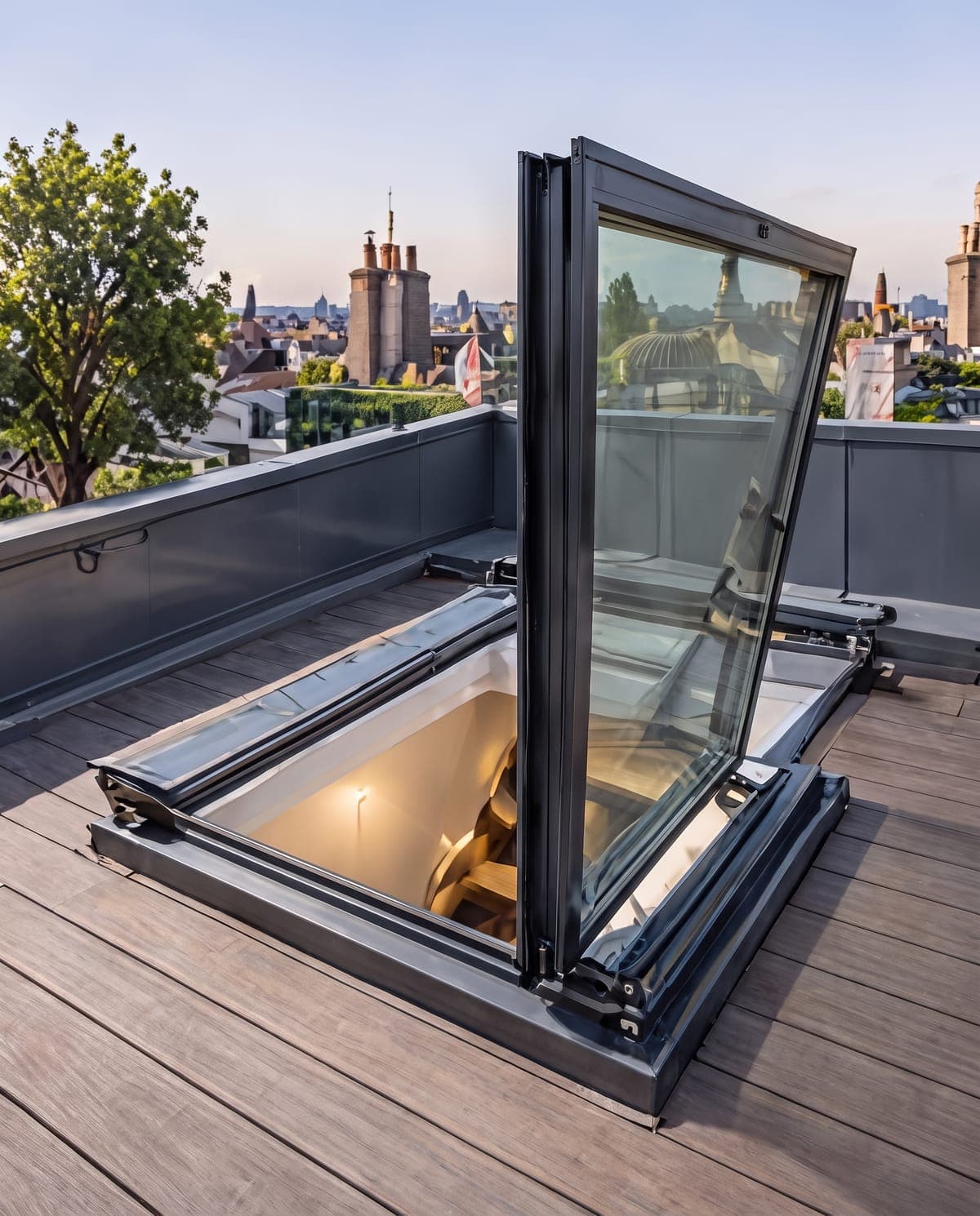 Trappe vitrée ouverte sur un toit-terrasse en bois, escalier éclairé en contrebas