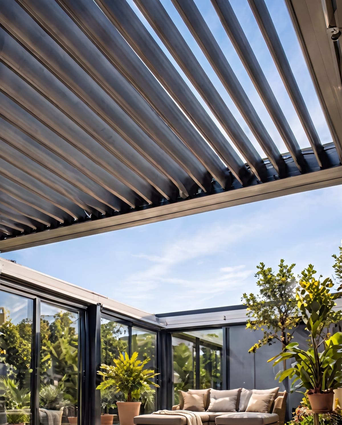 Toiture à lames orientables entrouvertes au-dessus d’un salon de terrasse