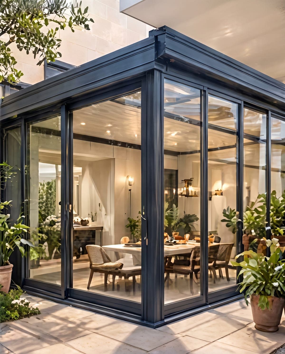 Véranda aluminium anthracite vitrée du sol au plafond, salle à manger éclairée au crépuscule